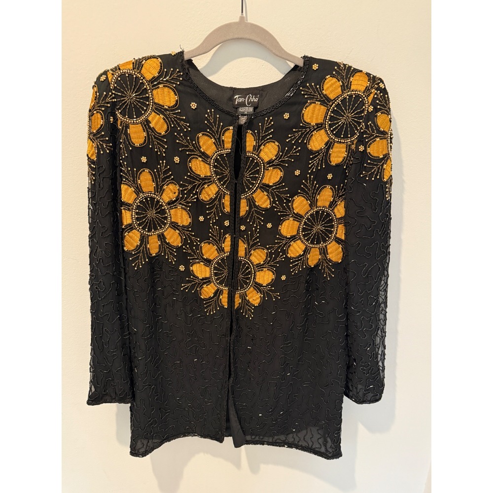 Vintage 80s Tan-Chho Beaded Silk Floral Evening Jacket Medium